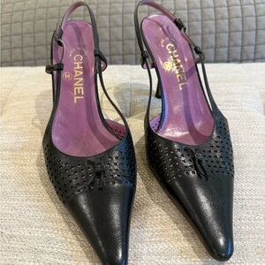 CHANEL Black Perforated Slingback Heels